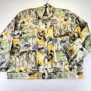 Vintage EVR Womens L Plue Silk Khaki Graffiti Windbreaker Track Jacket Pockets